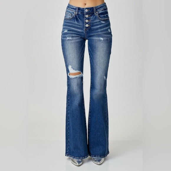 RISEN Distressed Button-Fly Flare Jeans - Picture 4 of 7